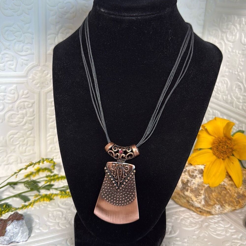 Large Copper Pendant Necklace With Faceted Red Rhinestone On Multi Rope Necklace